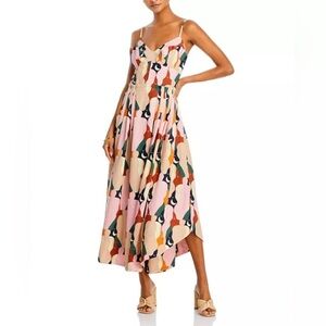 Farm Rio Multicolor Abstract Midi Dress Spaghetti Straps Fit & Flare Boho Size L